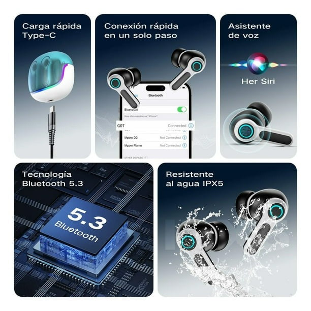 VEATOOL Wireless Bluetooth Headset,Mic Dual con Cancelación de Ruido ENC,80H de Uso,luces RGB