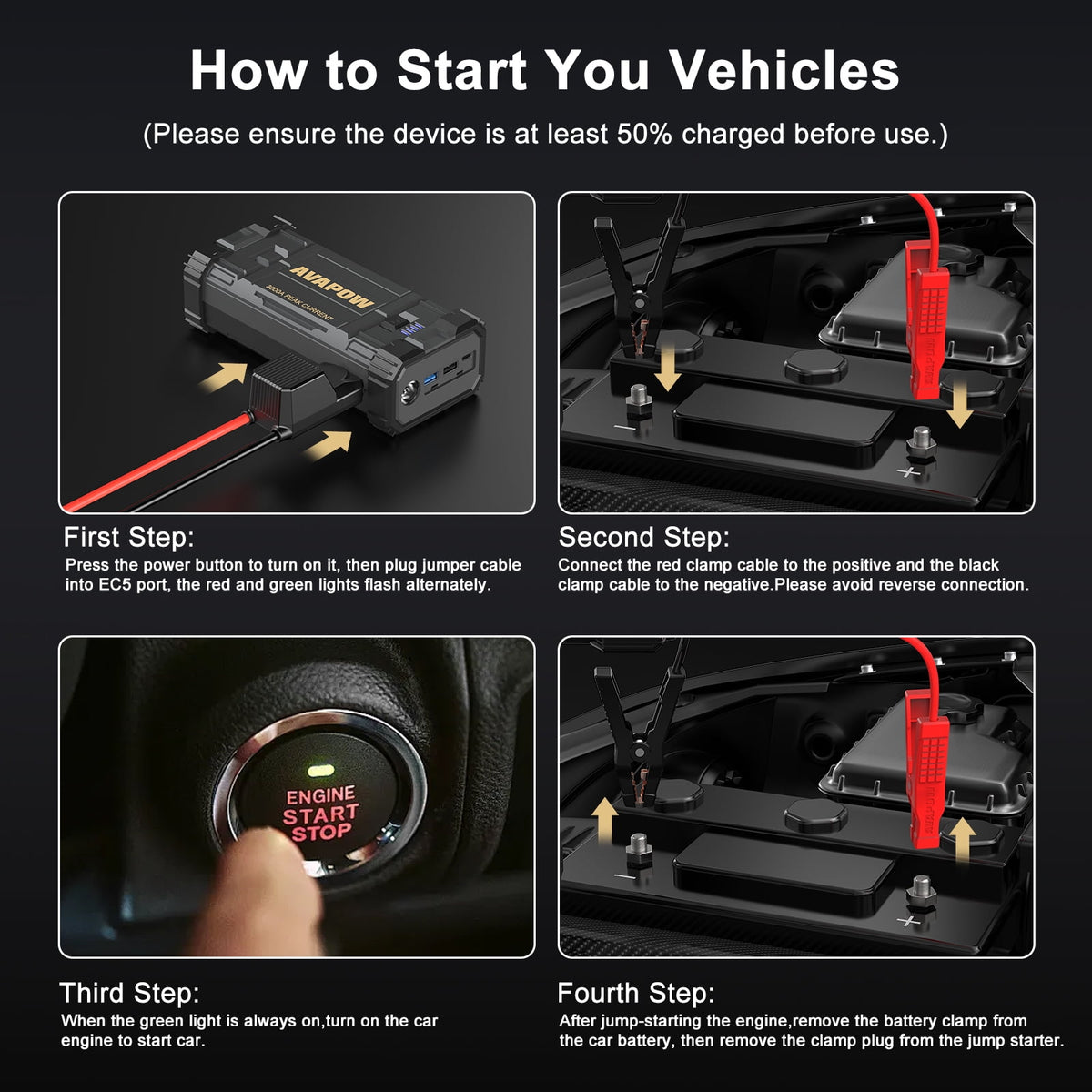 AVAPOW Bateria Para Auto, Paquete de Batería de Arranque Jump de Pico 3000a con Función de Arranque de Fuerza, Caja de Cargador Jump de Litio de 12 V para Motor Diésel de hasta 8l a Gas