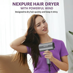 NEXPURE Secador de Pelo de 2000W, Secadora de Cabello Iónica con Difusor y Concentrador, 3 Niveles de Calor, Plegable para Casa y Viaje, Morada