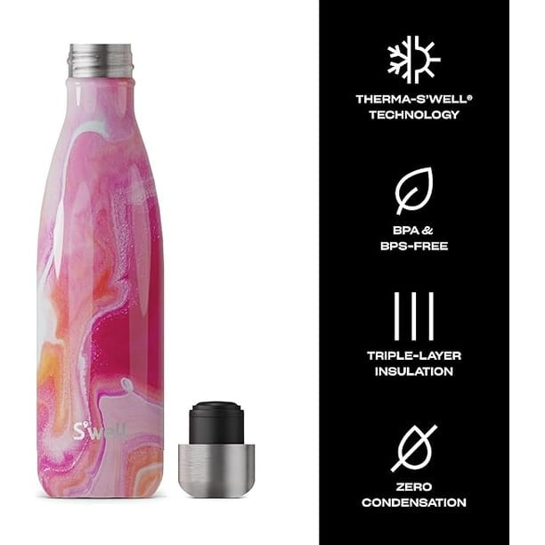 Botella de Agua Acero Inoxidable S'well, Recipientes con Aislamiento al vacío Triple Capa, Mantienen Bebidas Frías 36 horas y Calientes 18, Libre de BPA, Perfecta Viajar, Ágata Rosa, 500 ML