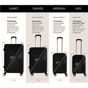 Juego Set Familiar 4 Maletas Rigidas Ruedas 360 Resistentes negro Grande