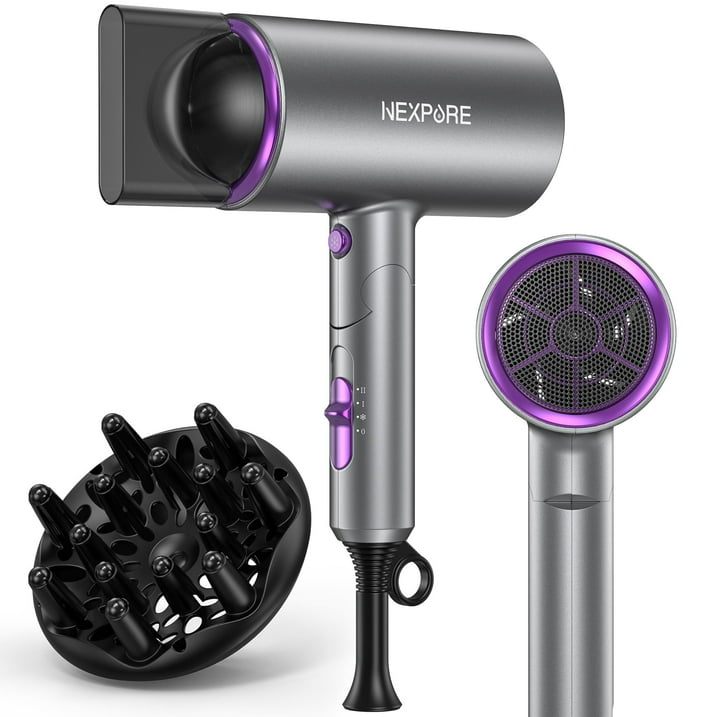 NEXPURE Secador de Pelo de 2000W, Secadora de Cabello Iónica con Difusor y Concentrador, 3 Niveles de Calor, Plegable para Casa y Viaje, Morada