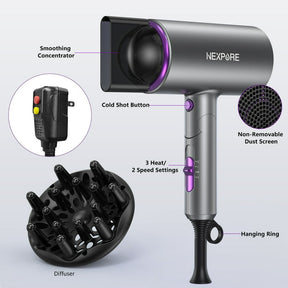 NEXPURE Secador de Pelo de 2000W, Secadora de Cabello Iónica con Difusor y Concentrador, 3 Niveles de Calor, Plegable para Casa y Viaje, Morada