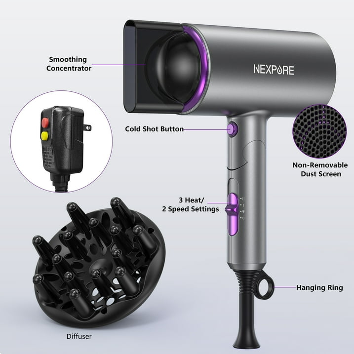 NEXPURE Secador de Pelo de 2000W, Secadora de Cabello Iónica con Difusor y Concentrador, 3 Niveles de Calor, Plegable para Casa y Viaje, Morada