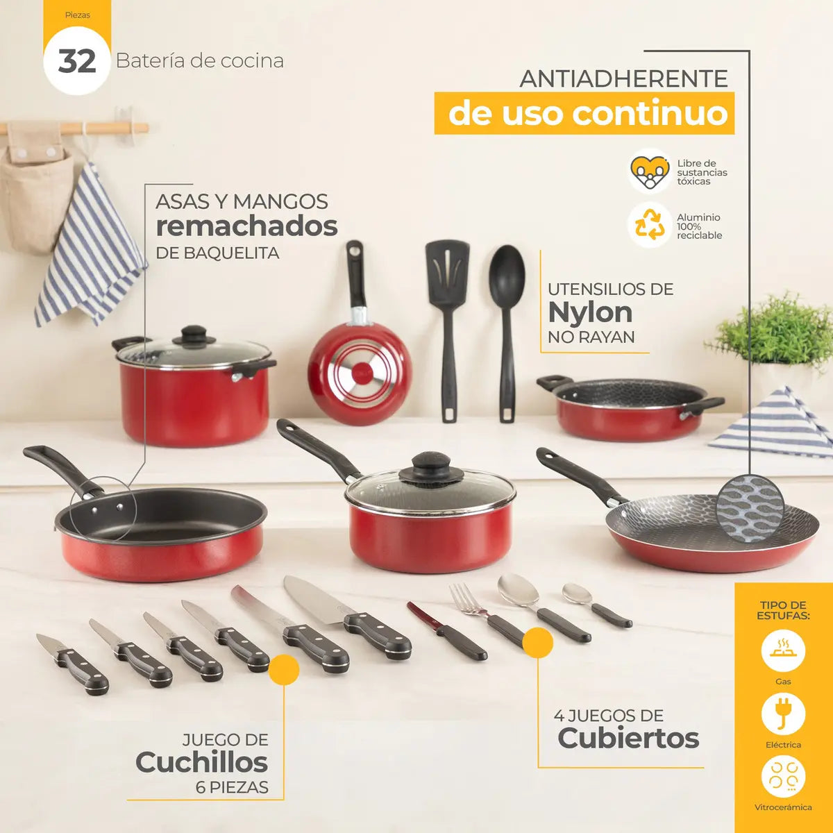 Batería Cocina Ekco 32 Piezas Antiadherente Aluminio