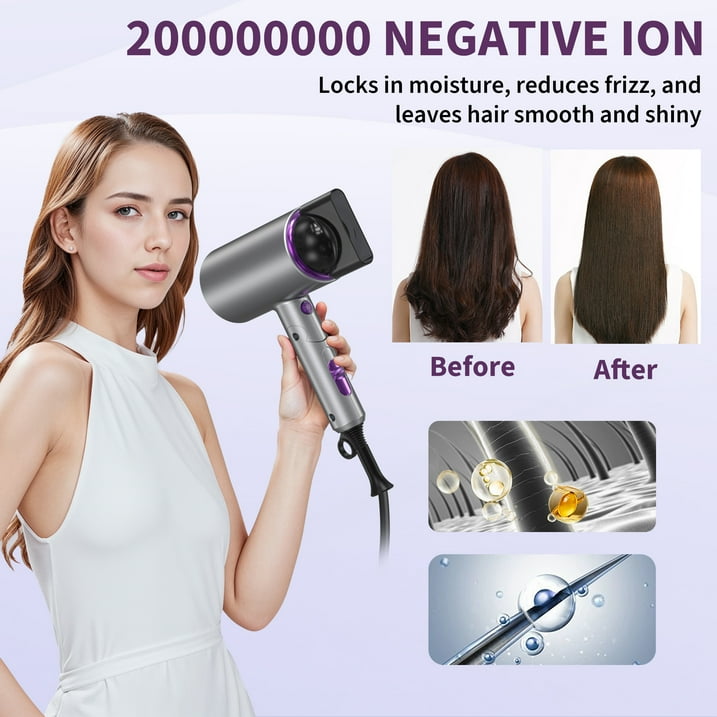 NEXPURE Secador de Pelo de 2000W, Secadora de Cabello Iónica con Difusor y Concentrador, 3 Niveles de Calor, Plegable para Casa y Viaje, Morada