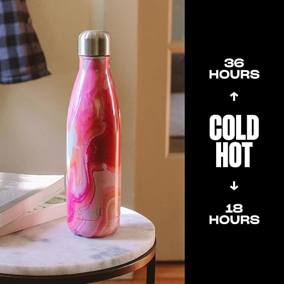 Botella de Agua Acero Inoxidable S'well, Recipientes con Aislamiento al vacío Triple Capa, Mantienen Bebidas Frías 36 horas y Calientes 18, Libre de BPA, Perfecta Viajar, Ágata Rosa, 500 ML