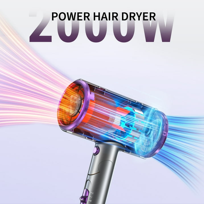 NEXPURE Secador de Pelo de 2000W, Secadora de Cabello Iónica con Difusor y Concentrador, 3 Niveles de Calor, Plegable para Casa y Viaje, Morada