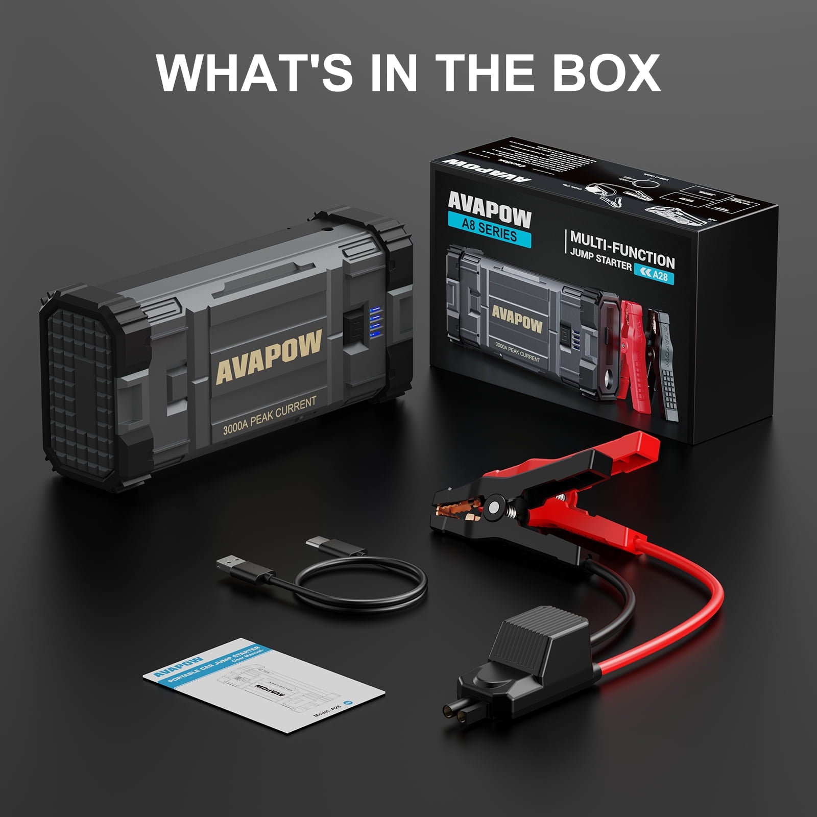AVAPOW Bateria Para Auto, Paquete de Batería de Arranque Jump de Pico 3000a con Función de Arranque de Fuerza, Caja de Cargador Jump de Litio de 12 V para Motor Diésel de hasta 8l a Gas